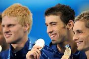 2 August 2009; Members of the USA Men's 4 x 100m Medley Relay team, from left, David Walters, Michael Phelps, and Eric Shanteau, after receiving their Gold medals. The USA won in a World Record time of 3:27.28. FINA World Swimming Championships Rome 2009, Foro Italico, Rome, Italy. Picture credit: Brian Lawless / SPORTSFILE