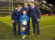 19 December 2015; Leinster matchday mascot Zenon Chambers with Leinster players, from left, Luke McGrath, Noel Reid and Isaac Boss at the European Rugby Champions Cup, Pool 5, Round 4, clash between Leinster and RC Toulon at the Aviva Stadium, Lansdowne Road, Dublin. Picture credit: SPORTSFILE