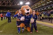 19 December 2015; Leo the Lion with Leinster matchday mascot Mark Fitzgerald, left, and Jack Dolan at the European Rugby Champions Cup, Pool 5, Round 4, clash between Leinster and RC Toulon at the Aviva Stadium, Lansdowne Road, Dublin. Picture credit: Matt Browne / SPORTSFILE