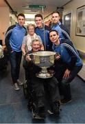 25 December 2015; Dublin footballers Cormac Costello, Brian Fenton, Eoin Culligan and captain Stephen Cluxton with John Hughes, and his wife Rose, from Santry, Dublin, when they and the Sam Maguire visited patients of Beaumount Hospital on Christmas Day. Beaumont Hospital, Beaumont Rd, Dublin.  Picture credit: Ray McManus / SPORTSFILE