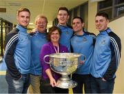 25 December 2015; Dublin footballers Eoin Culligan, selector Shane O'Hanlon, Brian Fenton, captain Stephen Cluxton and Cormac Costello with staff member Ruth Purcell, from Tuam, Co Galway, when they and the Sam Maguire visited patients of Beaumount Hospital on Christmas Day. Ruth's dad Seán Purcell won 10 Club titles with Tuam Stars, 7 Connaught titles and an All-Ireland with Galway. Beaumont Hospital, Beaumont Rd, Dublin.  Picture credit: Ray McManus / SPORTSFILE