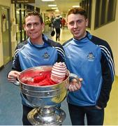 25 December 2015; Dublin footballers Cormac Costello and captain Stephen Cluxton with seven-week-old Grace Pielow, who together with her mum Louise were visiting her uncle Michael,  when they and the Sam Maguire visited patients of Beaumount Hospital on Christmas Day. Beaumont Hospital, Beaumont Rd, Dublin.  Picture credit: Ray McManus / SPORTSFILE