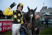 26 December 2015; Bacardys, with Patrick Mullins up, celebrates after winning the Donohue Marquees Flat Race. Leopardstown Christmas Racing Festival, Leopardstown Racecourse, Dublin. Picture credit: Cody Glenn / SPORTSFILE