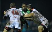 26 December 2015; Niyi Adeolokun, Connacht, is tackled by Louis Luduik, left and Nick Williams, Ulster. Guinness PRO12 Round 10, Connacht v Ulster, Sportsground, Galway. Picture credit: David Maher / SPORTSFILE
