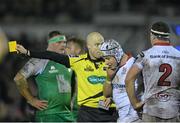 26 December 2015; Referee Peter Fitzgibbon shows the yellow card to Luke Marshall, Ulster, is tackled by , Connacht. Guinness PRO12 Round 10, Connacht v Ulster, Sportsground, Galway. Picture credit: David Maher / SPORTSFILE