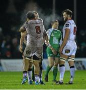 26 December 2015; Nick Williams, no.8, Ulster, celebrates with Stephen Mulholland, no.19 and Van Der Merwe Franco, at the end of the game. Guinness PRO12 Round 10, Connacht v Ulster, Sportsground, Galway. Picture credit: David Maher / SPORTSFILE