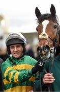 27 December 2015; Ivanovich Gorabtov, with jockey Barry Geraghty after winning the Paddy Power 'Download Our New iPhone App' 3-Y-O Maiden Hurdle. Leopardstown Christmas Racing Festival, Leopardstown Racecourse, Dublin. Photo by Sportsfile