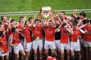 20 September 2009; Members of the Armagh team celebrate with the Tom Markham Cup after the presentation. ESB GAA Football All-Ireland Minor Championship Final, Armagh v Mayo, Croke Park, Dublin. Picture credit: Ray McManus / SPORTSFILE