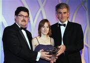 15 November 2008; Fionnuala Britton, Sli Chulainn, is presented with the award for Cross Country / Road Athlete of the Year by John Foley, left, Chief Executive of Waterford Crystal and Gerry Kiernan, Chairman of the Selection Committee. National Athletics Awards with Waterford Crystal, Crowne Plaza, Santry, Dublin. Photo by Sportsfile