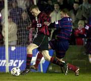 3 February 2001; Keith O'Connor of Longford Town is tackled by Stephen McGuinness of St Patrick's Athletic during the Harp Lager FAI Cup Third Round match between Longford Town and St Patrick's Athletic at Flancare Park in Longford. Photo by David Maher/Sportsfile