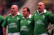 3 February 2001; The Ireland front row of, captain Keith Wood, left, Peter Clohessy, centre and John Hayes sing Ireland's Call prior to the Lloyds TSB Six Nations Rugby Championship match between Italy and Ireland and France at Stadio Flaminio in Rome, Italy. Photo by Brendan Moran/Sportsfile