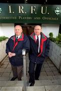 6 February 2001; Chief Stilesmen at Lansdowne Road Rugby Stadium and brothers Jimmy, left, and Robert Watts pose for a portrait at the officials and players entrance at Lansdowne Road in Dublin. Photo by Brendan Moran/Sportsfile