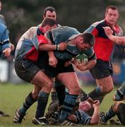 27 January 2001; Peter Bracken of Galwegians is tackled by Chris Galwey of Belfast Harlequins during the AIB All-Ireland League Division 1 match between Galwegians RFC and Belfast Harlequins RFC at Crowley Park in Galway. Photo by Matt Browne/Sportsfile