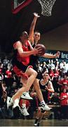 7 February 2001; Sean Carroll of St Mary's Moyderwell in action against Lochlann Mac A Bhaird of St Eunan's College during the Bank of Ireland Schools Cup Boys B Final match between St Eunan's College in Letterkenny, Donegal and St Mary's Moyderwell in Tralee, Kerry at the National Bastetball Arena in Tallaght, Dublin. Photo by Brendan Moran/Sportsfile