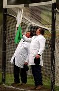 11 February 2001; Umpires adjust the net prior to the Allianz National Hurling League Division 1A match between Galway and Clare at Duggan Park in Ballinasloe, Galway. Photo by Ray McManus/Sportsfile