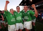 17 February 2001; Ireland players, from left, Peter Stringer, David Wallace and Alan Quinlan celebrate victory after the Lloyds TSB Six Nations Rugby Championship match between Ireland and France at Lansdowne Road in Dublin. Photo by Brendan Moran/Sportsfile