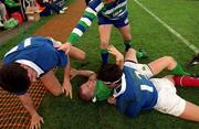 17 February 2001; Peter Stringer of Ireland is tackled into touch by Franck Comba of France during the Lloyds TSB Six Nations Rugby Championship match between Ireland and France at Lansdowne Road in Dublin. Photo by Brendan Moran/Sportsfile