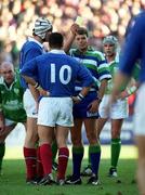 17 February 2001; Christophe Lamaison of France, 10, is shown a yellow card and sin-binned by referee Scott Young in the company of French Captain Fabien Pelous, left, during the Lloyds TSB Six Nations Rugby Championship match between Ireland and France at Lansdowne Road in Dublin. Photo by Brendan Moran/Sportsfile