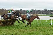 27 December 2015; Ancient Sands, with Brian Hayes up, jumps the last ahead of eventual winner Copy That, with Jack Kennedy up, during the Paddy Power 'So Fast, So Easy iPhone App' Handicap Hurdle. Leopardstown Christmas Racing Festival, Leopardstown Racecourse, Dublin. Photo by Sportsfile