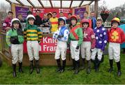 26 December 2015; Retiring jockey Tommy Tracey, back row, centre left, is honoured by his peers. Leopardstown Christmas Racing Festival, Leopardstown Racecourse, Dublin. Picture credit: Cody Glenn / SPORTSFILE