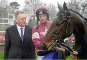 26 December 2015; Jerry Staines, left, Thorntons Recycling, congratulates jockey Patrick Mullins after he won the Thornton's Recycling Maiden Hurdle aboard A Toi Phil. Leopardstown Christmas Racing Festival, Leopardstown Racecourse, Dublin. Picture credit: Cody Glenn