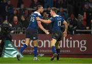 27 December 2015; Zane Kirchner, Leinster, is congratulated by team-mate Garry Ringrose after scoring his side's third and final try during the final seconds of the game. Guinness PRO12, Round 10, Munster v Leinster. Thomond Park, Limerick. Picture credit: Diarmuid Greene / SPORTSFILE