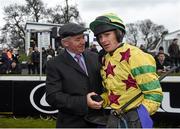 28 December 2015; Jockey Chris Timmons, who won the second race onboard, Forever Gold, speaking with trainer, Edward Cawley after the race. Leopardstown Christmas Racing Festival, Leopardstown Racecourse, Dublin. Photo by Sportsfile