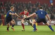 27 December 2015; Keith Earls, Munster, is tackled by Luke Fitzgerald, left, and Jack McGrath, Leinster. Guinness PRO12, Round 10, Munster v Leinster. Thomond Park, Limerick. Picture credit: Diarmuid Greene / SPORTSFILE