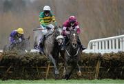 29 December 2015; Squouateur,left, with Barry Geraghty up, jump the last on their way to winning the Ryanair E.B.F. Novice Handicap Hurdle with second place Archive with Jack Kennedy. Leopardstown Christmas Racing Festival, Leopardstown Racecourse, Dublin. Picture credit: Matt Browne / SPORTSFILE
