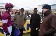 29 December 2015; Jockey Paddy Mullins, in conversation with from left, Edward O'Leary, of Gigginstown House Stud, trainer Willie Mullins and Michael O'Leary of Gigginstown House Stud, after Lucky Pass won the Ryanair Flat Race. Leopardstown Christmas Racing Festival, Leopardstown Racecourse, Dublin. Picture credit: Brendan Moran / SPORTSFILE