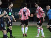 22 September 2009; Thomas Stewart, Derry City, no. 10 is congratulated by Ruardhi Higgins, after scoring a first half penalty. Setanta Sports Cup, Derry City v St Patrick's Athletic, Brandywell, Derry. Picture credit: Oliver McVeigh / SPORTSFILE