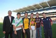 13 September 2009; Ger Cunningham, Sport Sponsorship Manager, Bord Gais Engergy, with contestants, from left, Padraig Walsh, Tularoan GAA Club, Kilkenny, Harry Horgan, Clonlara GAA Club, Clare, overall winner Paddy Hogan, Danesfort GAA Club, Kilkenny, Joe Canning, Galway, and Ivor Whyte, St. Joseph's Doora-Barefield, Clare, after the Bord Gáis Energy Crossbar Challenge at half-time in the Bord Gáis Energy GAA Hurling U-21 All-Ireland Championship Final, Clare v Kilkenny. Croke Park, Dublin. Picture credit: Brian Lawless / SPORTSFILE
