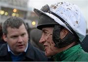 29 December 2015; Barry Geraghty talks to trainer Gordon Elliott after winning with Squouateur in the Ryanair E.B.F. Novice Handicap Hurdle. Leopardstown Christmas Racing Festival, Leopardstown Racecourse, Dublin. Picture credit: Cody Glenn / SPORTSFILE