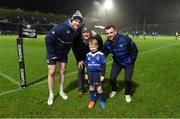 1 January 2016; Leinster matchday mascot Adam Smyth, age 6, from Kildare, with Leinster players, from left, Jamie Heaslip, Colm O'Shea and Tadhg Beirne ahead of the Guinness PRO12 Round 11 clash between Leinster and Connacht at the RDS Arena, Ballsbridge, Dublin. Picture credit: Stephen McCarthy / SPORTSFILE