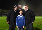 1 January 2016; Leinster matchday mascot Hugh Goddard with Leinster players, from left, Aaron Dundon, Mick Kearney and Tadhg Furlong ahead of the Guinness PRO12 Round 11 clash between Leinster and Connacht at the RDS Arena, Ballsbridge, Dublin. Picture credit: Stephen McCarthy / SPORTSFILE