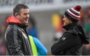 2 January 2016; Munster head coach Anthony Foley, left, in conversation with Ulster director of rugby Les Kiss ahead of the game. Guinness PRO12, Round 11, Ulster v Munster. Kingspan Stadium, Ravenhill Park, Belfast. Picture credit: Ramsey Cardy / SPORTSFILE