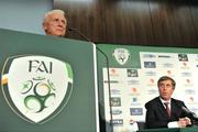 25 September 2009; Republic of Ireland manager Giovanni Trapattoni with FAI chief executive John Delaney, right, after announcing he had agreed a two-year extension to his current contract with the FAI and the Republic of Ireland squad ahead of the two upcoming 2010 FIFA World Cup Qualifiers against Italy and Monenegro in Croke Park on the 10th and 14th of October. eircom Building, 1 Heuston South Quarter, Dublin. Picture credit: David Maher / SPORTSFILE