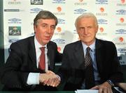 25 September 2009; Republic of Ireland manager Giovanni Trapattoni with FAI chief executive John Delaney, left, after announcing he had agreed a two-year extension to his current contract with the FAI and the Republic of Ireland squad ahead of the two upcoming 2010 FIFA World Cup Qualifiers against Italy and Monenegro in Croke Park on the 10th and 14th of October. eircom Building, 1 Heuston South Quarter, Dublin. Picture credit: David Maher / SPORTSFILE