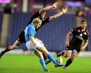 26 September 2009; Leinster fly half Shaun Berne almost gets his clearance kick charged down by Edinburgh lock Craig Hamilton. Celtic League, Edinburgh v Leinster, Murrayfield, Edinburgh, Scotland. Picture credit: Dave Gibson / SPORTSFILE