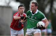 3 January 2016; Darragh Treacy, Limerick, in action against Luke Connolly, Cork. McGrath Cup Football, Group B, Round 1, Cork v Limerick. Mallow GAA Grounds, Mallow, Co. Cork. Picture credit: Brendan Moran / SPORTSFILE