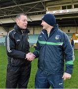 3 January 2016; Kerry manager Ciaran Carey, left, and Limerick manager TJ Ryan exchange a handshake before the game. Munster Senior Hurling League, Round 1, Limerick v Kerry. Gaelic Grounds, Limerick. Picture credit: Diarmuid Greene / SPORTSFILE