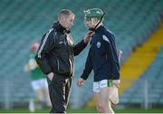 3 January 2016; Kerry manager Ciaran Carey speaks to Kerry's Jordan Conway before the game. Munster Senior Hurling League, Round 1, Limerick v Kerry. Gaelic Grounds, Limerick. Picture credit: Diarmuid Greene / SPORTSFILE