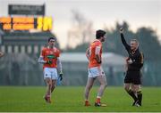 3 January 2016; Aaron Findon, Armagh, receives a red card from referee Barry Cassidy. Bank of Ireland Dr. McKenna Cup, Group C, Round 1, Armagh v Cavan. St Oliver Plunkett Park, Crossmaglen, Co. Armagh. Picture credit: Stephen McCarthy / SPORTSFILE