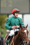 27 September 2009; Jockey Joe Fanning, on his mount Shakespearean, celebrates after winning the Goffs Million Mile. Curragh Racecourse, Co. Kildare. Picture credit: David Maher / SPORTSFILE