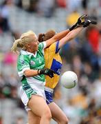 27 September 2009; Claire Woods, Fermanagh, in action against Louise Woods, Clare. TG4 All-Ireland Ladies Football Intermediate Championship Final, Clare v Fermanagh, Croke Park, Dublin. Picture credit: Stephen McCarthy / SPORTSFILE