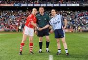 27 September 2009; Referee Declan Corcoran with Cork captain Mary O'Connor and Dublin captain Denise Masterson. TG4 All-Ireland Ladies Football Senior Championship Final, Cork v Dublin, Croke Park, Dublin. Picture credit: Stephen McCarthy / SPORTSFILE