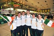30 September 2009; The Irish team departed from Dublin Airport to the 2009 World Handball Championships which take place from 4th - 11th October in Portland, Oregon, USA. At Dublin Airport are, from left, Catriona Casey, from Ballydesmond, Cork, Diarmaid Nash, Scariff, Clare, Padraig McKenna, Truagh, Monaghan, Jamie Lynch, Kilkishen, Clare, Shauna Hilley, Coolboy, Wicklow, and Lauren O'Riordan, Roscommon Town. Dublin Airport, Dublin. Picture credit: Brian Lawless / SPORTSFILE