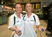 30 September 2009; The Irish team departed from Dublin Airport to the 2009 World Handball Championships which take place from 4th - 11th October in Portland, Oregon, USA. At Dublin Airport are Ladies Open Doubles players Sibeal Gallagher, left, and Fiona Shannon, both from Belfast, Co. Antrim. Dublin Airport, Dublin. Picture credit: Brian Lawless / SPORTSFILE