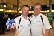 30 September 2009; The Irish team departed from Dublin Airport to the 2009 World Handball Championships which take place from 4th - 11th October in Portland, Oregon, USA. At Dublin Airport are Masters players Michael 'Ducksy' Walsh, left, from Bennettsbridge, Co. Kilkenny, and Kevin Geraghty, from Swinford, Co. Mayo. Dublin Airport, Dublin. Picture credit: Brian Lawless / SPORTSFILE