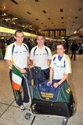 30 September 2009; The Irish team departed from Dublin Airport to the 2009 World Handball Championships which take place from 4th - 11th October in Portland, Oregon, USA. At Dublin Airport are, from left, Charlie Shanks, from Lurgan, Armagh, Robbie McCarthy, from Mullingar, Westmeath, and Berni Hennessy, Hospital, Limerick. Dublin Airport, Dublin. Picture credit: Brian Lawless / SPORTSFILE